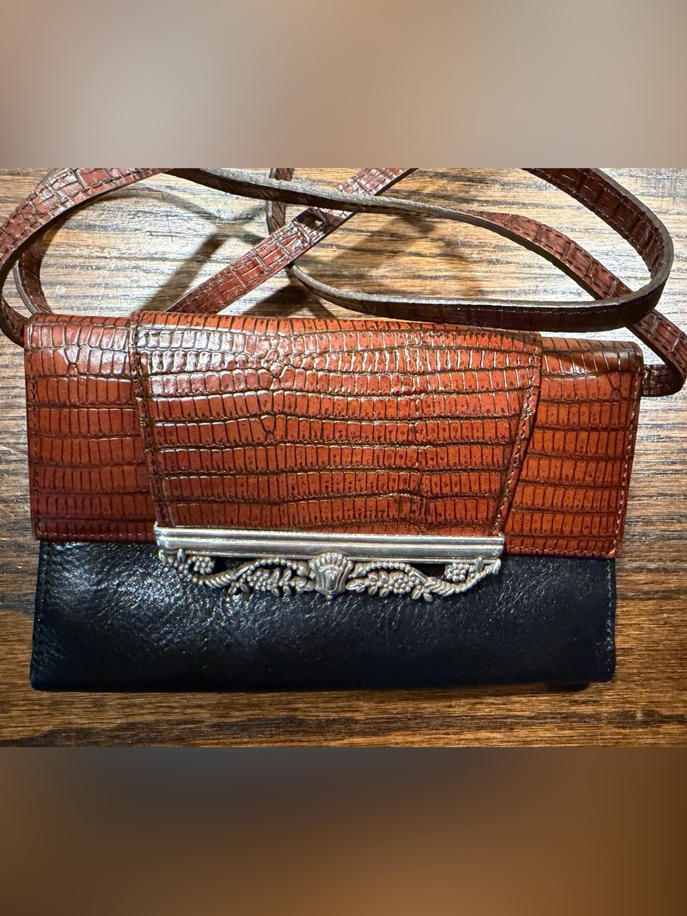 Brighton Brown Crocodile-Embossed and Black Leather Crossbody with Silver Accent